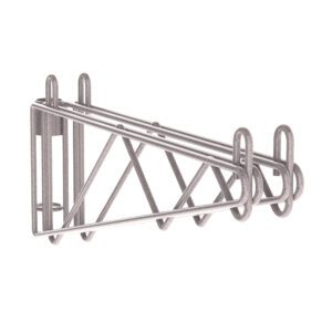 A minimalist silver metal bike rack with a triangular support and two hooks, featuring Metroseal Gray Epoxy for durability, reflects the sturdy design of the Metro 2WS18K4 Super Erecta Post-Type Wall Mount Double Shelf Support, seamlessly blending form and function.