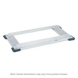 The Metro D2442NCB Made-to-Order Truck Dolly, ideal for 24 x 42 shelving, features an aluminum base with corner bumpers and a rectangular frame. Note: Actual dimensions may vary.
