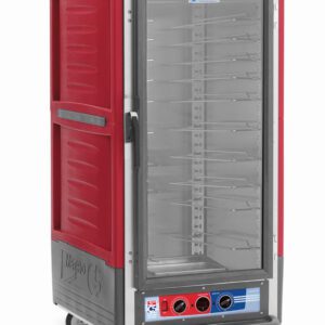 The Metro C537-MXFC-U C5 3 Series is a 3/4 height insulated food transport cabinet in red with gray accents, featuring universal wire slides, a clear front door with metal racks, bottom control panel with dual dials, and operates on 220-240V. The brand logo is prominently displayed on the side.