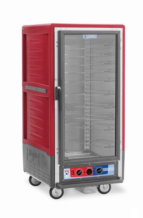rewp2s5tbyz1vubpnocuh85ylp8re02f.jpg The Metro C537-MXFC-U C5 3 Series is a 3/4 height insulated food transport cabinet in red with gray accents, featuring universal wire slides, a clear front door with metal racks, bottom control panel with dual dials, and operates on 220-240V. The brand logo is prominently displayed on the side.