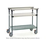 The Metro MS1824-FSPR PrepMate MultiStation 24 Prep Station features a solid stainless steel top and a Super Erecta Pro grid-patterned bottom shelf, supported by Metroseal Green Epoxy posts, with dimensions that may vary slightly.