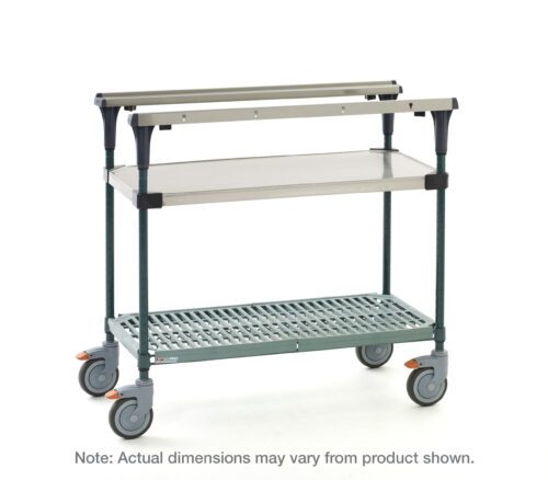 The Metro MS1824-FSPR PrepMate MultiStation 24 Prep Station features a solid stainless steel top and a Super Erecta Pro grid-patterned bottom shelf, supported by Metroseal Green Epoxy posts, with dimensions that may vary slightly.