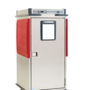 The Metro C5T8X-DSB C5 T-Series Heated Transport Cabinet features red handles, a digital display on top, operates at 220-240V/50-60Hz, includes four wheels and a full-length solid door with a small viewing window, expertly designed for efficient food transport and storage.