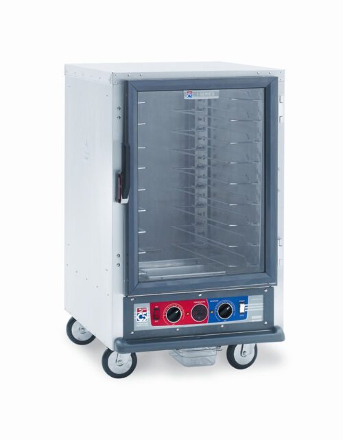 The Metro C515-CXFC-U C5 1 Series Cabinet is a half-height stainless steel food warmer with a transparent door showing multiple shelves. It features control knobs and indicators on the front panel, operates at 220-240V, and is equipped with four wheels for easy mobility.