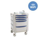 The Metro FLWAIR Flexline Airway Cart with Wireless Touchpad has blue drawers, a top digital panel, and holds medical supplies. Its on wheels and features a Wi-Fi symbol for connectivity on the top right.
