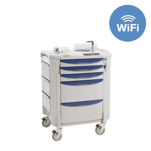 The Metro FLWAIR Flexline Airway Cart with Wireless Touchpad has blue drawers, a top digital panel, and holds medical supplies. Its on wheels and features a Wi-Fi symbol for connectivity on the top right.
