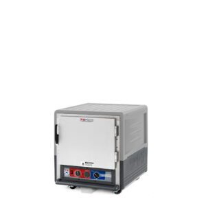 The Metro C533-MFS-U-GYA C5 3 Series is a gray, undercounter, full-length solid door cabinet designed for transporting hot or cold food. It features an insulated moisture heated system, universal wire construction, front panel controls, and wheels for easy mobility.
