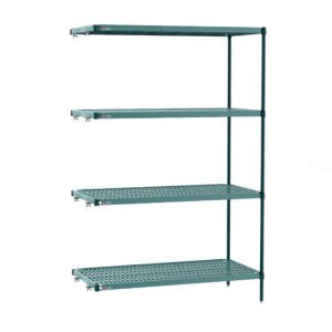 The Metro PR-182474K3-A-4 Super Erecta Pro unit is a 74 tall industrial shelving add-on with a green frame and four adjustable 18 x 24 wire shelves. It’s ideal for restaurants, featuring minimalist design and removable plastic mats supported by sturdy vertical bars.