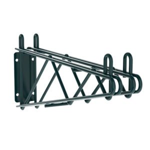 The Metro 2WD18K3 Super Erecta wall-mounted double shelf bracket, with Metroseal Green Epoxy for durability, features a black metal design and three triangular support brackets. It mounts horizontally and includes multiple hooks for organized bicycle storage.