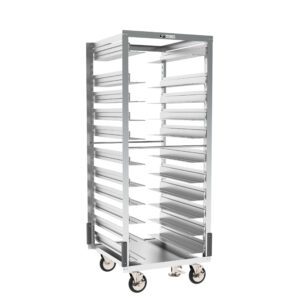 The Metro RF78NA37A71 Roll-In Refrigerator Adjustable Pan Racks measure 24.875 x 27 x 64.5 and include gray corner bumpers, a floor lock, and multiple shelves for trays. The sturdy design with four caster wheels is ideal for industrial or kitchen use.