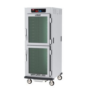 The Metro C599X-SDC-UPDS is a full-height, pass-thru heated holding and proofing cabinet with controlled humidity. It features Dutch clear/solid doors, universal wire slides, a stainless steel body on wheels, and a top digital control panel. Compatible with 220-240V outlets.