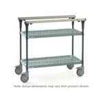 A gray, two-tier utility cart with 30 Super Erecta Pro shelves and Metroseal Green Epoxy posts, featuring gray swivel wheels and a metal handle. Includes a note: Actual dimensions may vary from product shown. Product Name: Metro MS1830-PRPR PrepMate MultiStation.