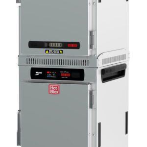 Two Metro HBCN16-DS-M HotBlox Narrow 16-Pan Insulated Dual-Cavity Mobile Holding Cabinets, with solid doors and digital touchscreens, run at 120V and 875W. Stackable on wheels with handles and vents, they ensure efficient food warming and display the HotBlox logo.