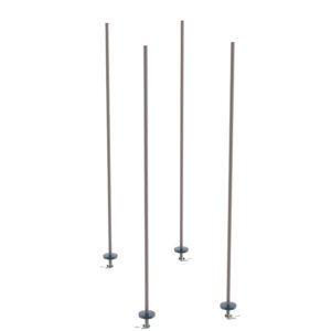 Four tall, slender poles with black bases on a white background, each with a fixture near the base, resemble the Metro BTAK4 qwikTRAK Stationary Intermediate Unit Kit for Super Erecta Wire Shelving in Metroseal Gray Epoxy.