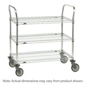 The Metro 3SPN55PS SP Series Utility Cart, with dimensions of 24 x 48 x 39, features three stainless steel wire shelves and a chrome finish, four large grey wheels for easy movement, and two sturdy metal handles at each end.