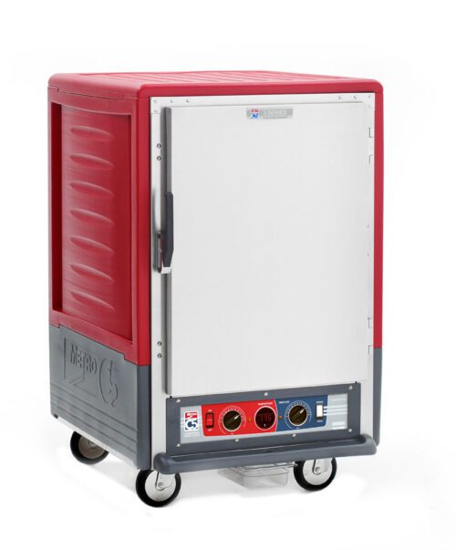 The Metro C535-CLFS-UA C5 3 Series Cabinet is a red insulated food transport cart with digital controls and a full-length solid door, designed to keep food warm during transport. It features universal wire slides and operates at 120V, 60Hz, 1440W.