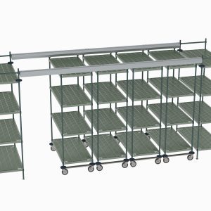A large green metal shelving unit is showcased, similar to the modular Metro TT16-E2448M2448P Top-Track Overhead Track Shelving Kit, featuring wheeled tiers and adjustable Super Erecta Pro shelves for ample storage within a sturdy frame.