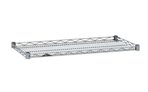 The Metro HDM1448NC Super Erecta Wire Display Shelf, Chrome, 14 x 48, features a grid pattern and four short corner posts for efficient storage and organization.