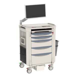 The Metro FLEDOF Flexline ED Overflow Cart, perfect for hospitals or clinics, has four drawers with blue handles, a top-mounted monitor, wheels for easy mobility, and a side waste bin. This light grey cart offers versatile practicality in patient care settings.