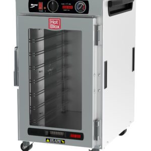 The Metro HBCN8-AC-UC HotBlox narrow 8-pan insulated undercounter holding cabinet, with a clear door and analog controller, operates at 120V, 60Hz, and 875W using a NEMA 5-15P plug, features wheels for mobility and has a Hot Blox label.