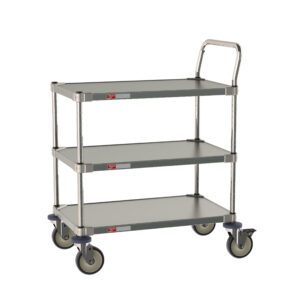 The Metro CRLS223NFS 3-Shelf All Stainless Steel Cart, measuring 18 W x 30 L x 39 H, has three tiers, rubber swivel wheels, a handle for easy transport, and vertical pole-supported rectangular shelves ideal for labs and cleanrooms.
