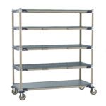 The Metro ECP56CX3 MetroMax i Par Level Cart, 24 x 60, offers a versatile storage solution with gray open grid shelves and a beige frame. Equipped with wheels for easy mobility, its perfect for organizing your space.