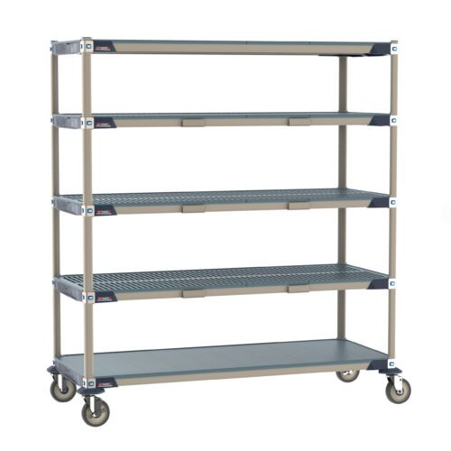 The Metro ECP56CX3 MetroMax i Par Level Cart, 24 x 60, offers a versatile storage solution with gray open grid shelves and a beige frame. Equipped with wheels for easy mobility, its perfect for organizing your space.