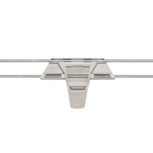 The gray retractable clothes hanger, 30 L x 2 H, with two metal bars and plastic ends, folds via a central hinge. It complements the MetroMax i shelving systems Metro MXL30-2S Stackable Shelf Ledge perfectly for functional garment hanging.
