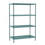 The Metro PR-243074K3-S-4 Super Erecta Pro Shelving Unit measures 24 x 30 x 74 and offers green perforated shelves with removable mats, making it ideal for functional storage or display in any setting.