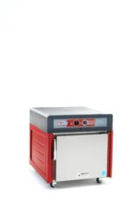 The Metro C543X-ASFS-U C5 4 Series Insulated Holding Cabinet is a red and silver industrial machine on wheels with knobs, a display, flat surfaces, Universal Wire Slides, and operates at 220-240V. It features a Full Length Solid Door and stands out against the plain white background.