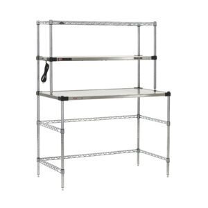 The Metro EZHS48W-KIT Super Erecta Hot Workstation is a 24 x 48 x 64 unit featuring stainless steel shelves, a power strip for convenience, adjustable feet for stability, and handles up to 400W on a standard 120V supply.