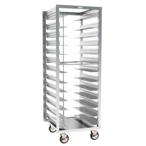 The Metro RD78NA120 Adjustable Pan Rack, measuring 24.375 x 26 x 69.5, is a stainless steel structure on wheels with slots for baking trays or pans and includes a pan stop for secure storage and mobility.