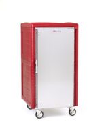 The Metro C548N-SLA C5 4N Series is a red non-powered insulated transport cabinet featuring a sleek rectangular design, lip load aluminum slides, and a silver front door. Its mounted on four caster wheels and stands at 5/6 height for easy mobility.