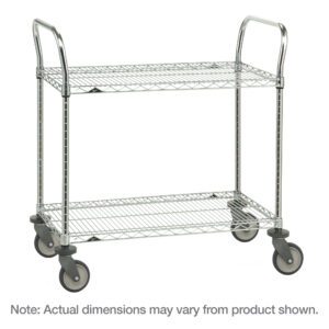 Meet the Metro 2SPN53PS SP Series Utility Cart, 24 x 36 x 39, with two stainless steel shelves, smooth-gliding large wheels, and dual handles for easy maneuvering. Note: slight dimension variations possible.