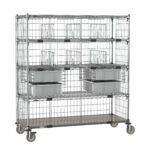 The Metro ECN56CD Super Adjustable Cart, featuring a galvanized steel bottom shelf and four 24 x 60 wire shelves on wheels, includes plastic bins and adjustable dividers for versatile storage solutions.