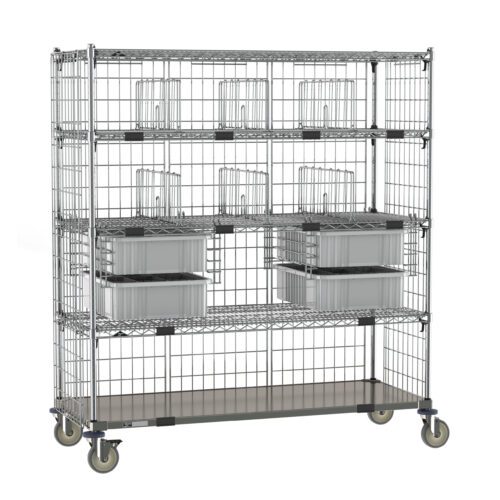 sjocpafxxx4kku3mz3ty8m38adnbqbeg.jpg The Metro ECN56CD Super Adjustable Cart, featuring a galvanized steel bottom shelf and four 24 x 60 wire shelves on wheels, includes plastic bins and adjustable dividers for versatile storage solutions.