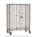 The Metro MQSEC53VE MetroMax Mobile Security Shelving Unit, measuring 27.8125 x 40.75 x 67.8125, is a metal wire storage cage on wheels with a rectangular shape, hinged door, and latch. Its sturdy grid pattern provides durability, while four wheels ensure easy portability. Note: Dimensions may vary.