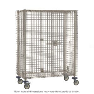 The Metro MQSEC53VE MetroMax Mobile Security Shelving Unit, measuring 27.8125 x 40.75 x 67.8125, is a metal wire storage cage on wheels with a rectangular shape, hinged door, and latch. Its sturdy grid pattern provides durability, while four wheels ensure easy portability. Note: Dimensions may vary.