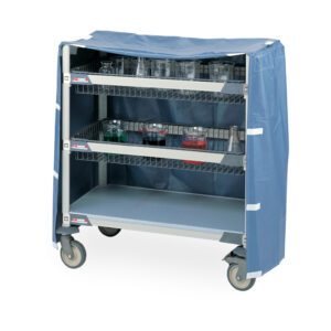 The Metro GWSVC41 Blue Glassware Cart Cover for Short Units includes a sleek cover and three wire basket shelves. The top shelf displays clear beakers, while the middle shelf holds vibrant colored liquids. It rolls smoothly on four wheels.