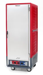 The Metro C539-CLFS-L C5 3 Series is a red insulated holding/proofing cabinet with a full-length solid door. It operates at 120V and 60Hz, features Lip Load Aluminum Slides, side handle, temperature control dials, wheels for mobility, and ensures efficient food transport and warming.