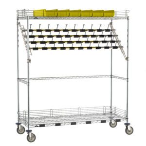This 24 x 60 x 68 metal storage rack on wheels features three shelves: top with yellow bins, middle adorned with binder clips, and an empty bottom shelf, similar to the Metro CPC56EC Super Erecta Wire Catheter Procedure Carts bulk storage style.