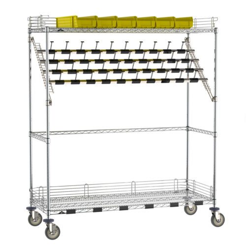 This 24 x 60 x 68 metal storage rack on wheels features three shelves: top with yellow bins, middle adorned with binder clips, and an empty bottom shelf, similar to the Metro CPC56EC Super Erecta Wire Catheter Procedure Carts bulk storage style.