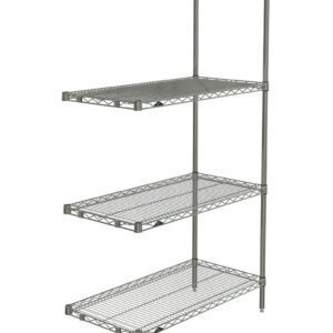 The Metro AN336BR Super Erecta 4-Shelf Industrial Wire Shelving Add-On Unit in Brite measures 18 x 36 x 63 and features a sturdy metal frame with open, adjustable shelves, ideal for organizing a garage, pantry, or storage area.