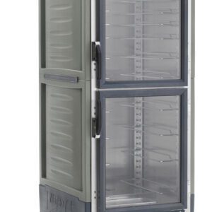 The Metro C539-MDC-U-GY full-height insulated cabinet features Dutch clear doors and universal wire slides with a gray body. It includes 120V temperature controls and handles, and its interior is visible through transparent double doors.