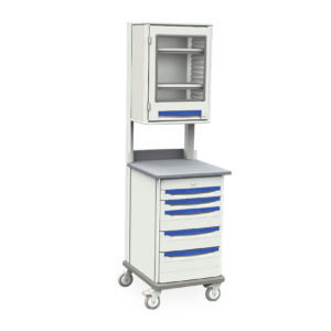 The Metro SXRSENT1 Starsys Mobile Workcenter is a wheeled medical cart featuring a tall design, upper glass-front cabinet, and blue-handled drawers for efficient supply organization.