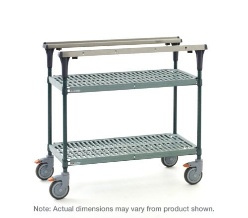 Introducing the Metro MS1824-PRPR PrepMate MultiStation, a versatile utility cart with Super Erecta Pro top and bottom shelves and durable Metroseal Green Epoxy posts. This gray metal-framed 24 prep station features four wheels for mobility and perforated shelves for enhanced functionality. Dimensions may vary.
