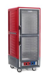 The Metro C539-MXDC-4 C5 3 Series Insulated Moisture Heated Holding/Proofing Cabinet, operating at 220-240V with clear Dutch doors and fixed wire slides, is mounted on wheels for mobility and includes a temperature control panel, ensuring efficient food storage.