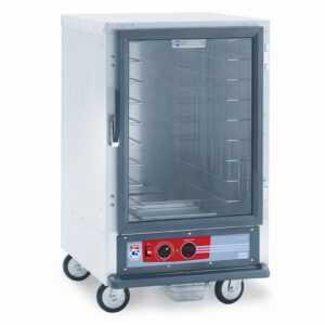 The Metro C515-HXFC-LA C5 1 Series Holding Cabinet is a stainless steel, 1/2 height mobile warmer with a transparent door, side handles, and four wheels. It has an electronic control panel with red accents and features lip load aluminum slides. Powered by 220-240V, 50/60Hz.