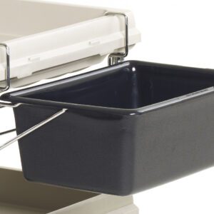 A black plastic Metro BCUB2D Utility Bin and Holder for the Metro Deep Ledge BC2030 Utility Cart is attached with metal brackets to its beige frame, which has multiple tiers supported by sturdy metal poles for organized storage.