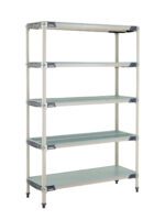 The MetroMax i 5X357HX3 Shelving Unit is a versatile solution featuring five adjustable ventilated plastic shelves, a solid bottom shelf, sturdy metal frames with reinforced corners, and adjustable black feet, measuring 18 x 48 x 74.